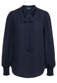 Námořnická modrá blůza vyrobená z lehké tkaniny, s vázáním u krku, sklady na ramenech a elastickými manžetami pro uvolněný střih.