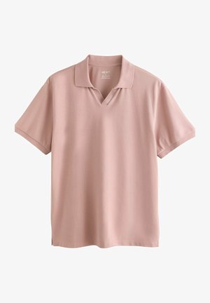Polo majica s kratkimi rokavi v nežno roza barvi, z v-izrezom, običajnim krojem, gladko teksturo in stranskimi razporki.