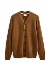 Cardigan marrone lavorato a maglia con scollo a V, sette bottoni frontali, polsini a coste e tessuto testurizzato. Presenta dettagli sulle spalle per un design aggiuntivo.