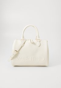 White leather handbag with textured surface, dual top handles, detachable strap, and embossed "VALENTINO" branding on the front.