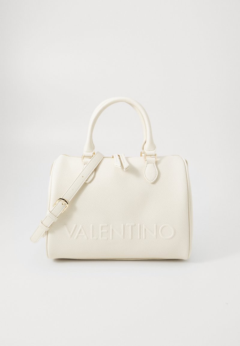 White leather handbag with textured surface, dual top handles, detachable strap, and embossed "VALENTINO" branding on the front.