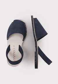Sandalias azul marino con parte superior suave, parte trasera abierta y tacón pronunciado. Presentan costuras contrastantes y suela de goma texturizada. Talla 37.