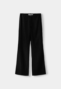 Black wide-leg trousers in a lightweight fabric, featuring a button closure and darted detailing at the waistband.