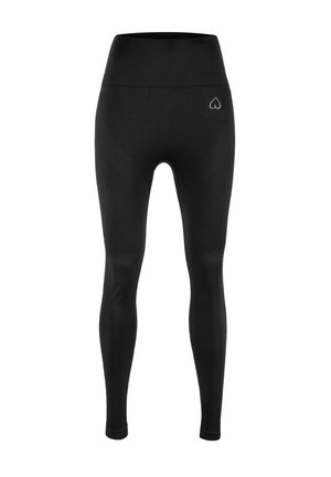 Czarne legginsy wysokiej talii z teksturowanymi wzorami, zwężanymi nogawkami i małym białym logo w kształcie serca z tyłu. Miękki, elastyczny materiał.