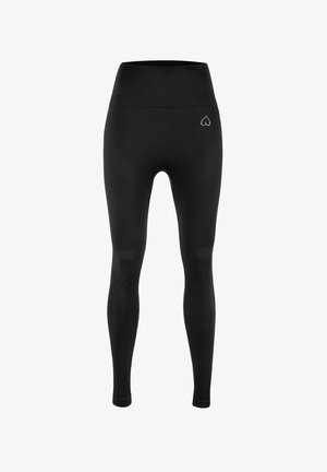 Black high-waisted leggings with textured patterns, tapered legs, and a small white heart logo on the back. Soft, stretchy fabric.