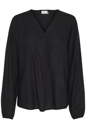 Black blouse with long sleeves and a v-neck. Made of lightweight fabric with a textured dot pattern. Features elasticized cuffs and a loose fit.