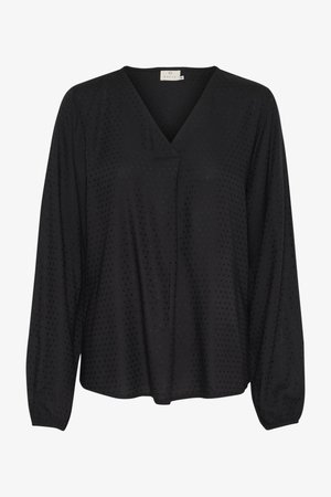 Juoda palaidinė ilgomis rankovėmis ir V formos iškirpte. Pagaminta iš lengvų audinių su tekstūruotu taškiniu raštu. Savybės: elastingi rankogaliai ir laisvas kirpimas.