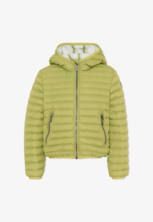 Veste matelassée à capuche vert clair avec fermeture éclair à l'avant et deux poches zippées, rembourrée pour la chaleur.