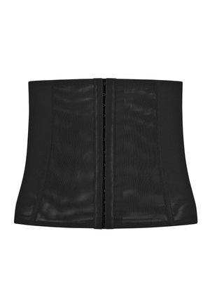 Black waist cincher made of smooth, stretchy material with a hook-and-eye front closure and a structured design for shaping.