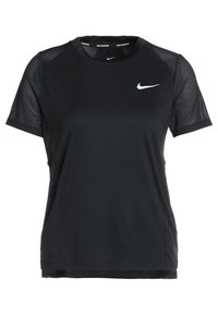 Camiseta de running negra de Nike con mangas cortas de malla, cuello redondo y un pequeño logo blanco de Nike en el pecho. Tela suave con un corte relajado.