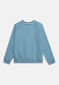 Sweat-shirt bleu à manches longues avec poignets et ourlet côtelés, col rond avec bordure rayée blanche et marine, vu de dos.