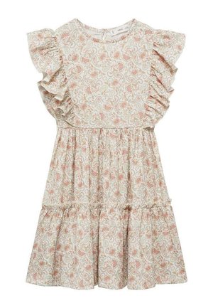 Let bomuldsjole med cremet base, blomstret paisleymønster, flæseærmer og lagdelt nederdel. Brug af blødt, tekstureret stof.