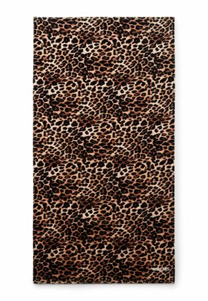 Rechteckiger Stoff mit dichtem Leopardenmuster in Braun-, Schwarz- und Beigetönen, zeigt eine glatte Textur und gefaltete Kanten.