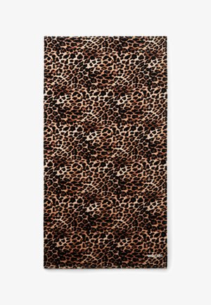 Tissu rectangulaire avec un motif léopard dense en tons marron, noir et beige, montrant une texture lisse et des bords pliés.