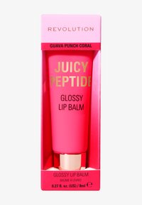 Revolution Juicy Peptide leppebalsam i en lys rosa tube, merket "GUAVA PUNCH CORAL," med gulltekst; blank finish; 8 ml kapasitet.
