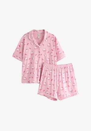 Różowa koszulka z krótkim rękawem zapinana na guziki oraz szorty z elastycznym pasem, piżama z białymi kropkami i wzorem z twarzami i kokardkami Hello Kitty.