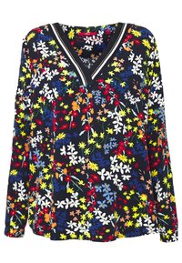 Bluzka z długim rękawem na czarnym tle, zdobiona kolorowym wzorem kwiatowym w odcieniach czerwieni, żółci, niebieskiego i białego. Dekolt w kształcie litery V z kontrastowym wykończeniem.