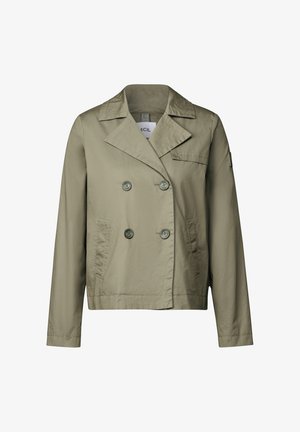 Khaki dubbelzijdig jasje met een geknipte kraag, twee voorzakken en knoopdetails. Gemaakt van lichtgewicht stof en heeft lange mouwen.