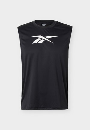 Schwarzes ärmelloses Sportshirt mit einem weißen geometrischen Reebok-Logo in der Mitte der Brust und einem Rundhalsausschnitt.