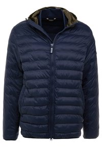 Navy blue puffer jacket with a zip closure and hood. Features quilted sections, smooth texture, and an inner lining in a contrasting green.