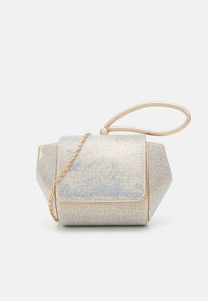 Metallic handbag with a diamond-patterned texture, featuring a gold chain strap and a structured, angular shape. Silver and gold color scheme.