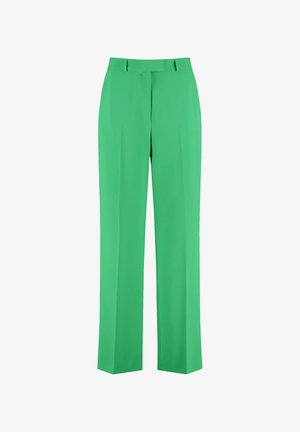 Grüne gerade geschnittene Hosen aus leichtem Stoff, mit Fronttaschen und flachem Design mit Gürtelschlaufen.