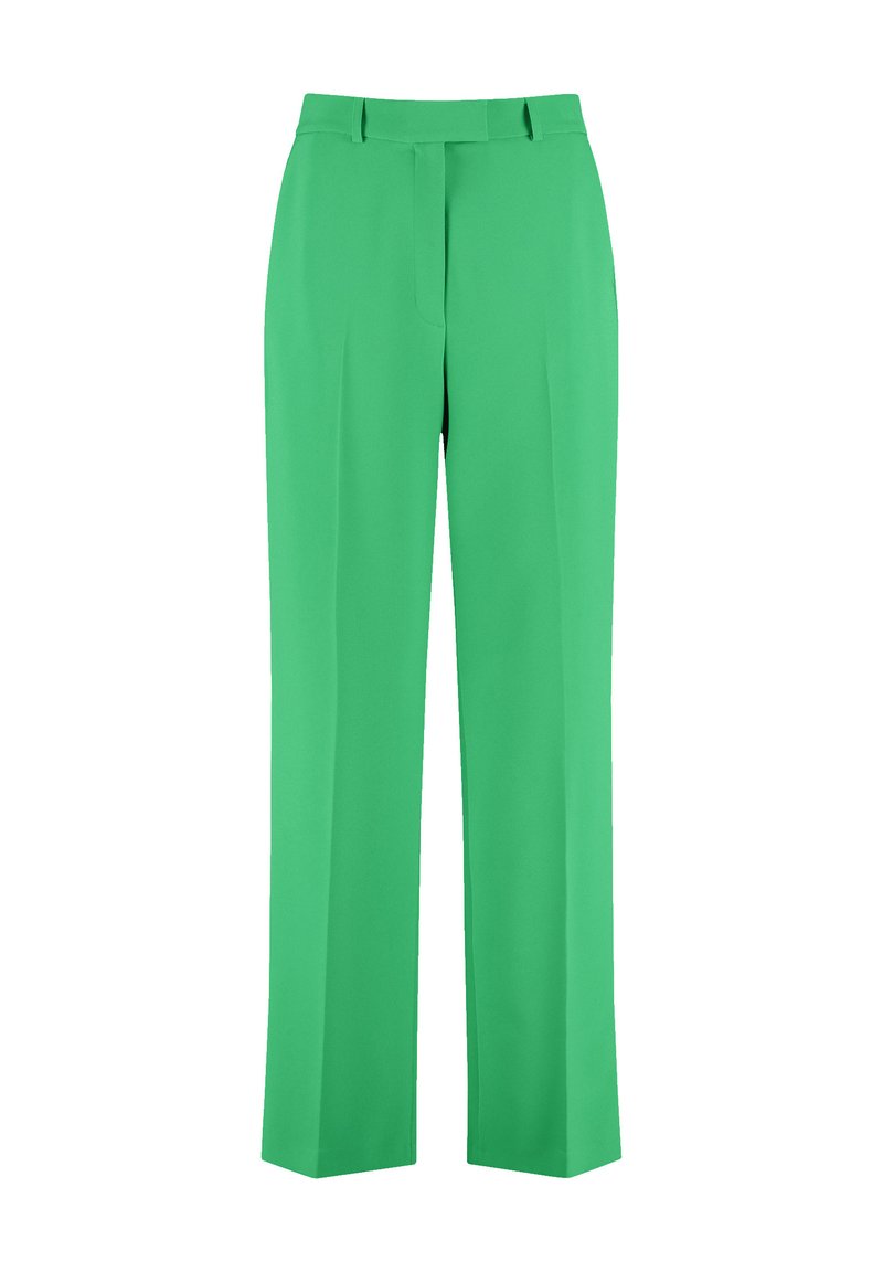 Grüne gerade geschnittene Hosen aus leichtem Stoff, mit Fronttaschen und flachem Design mit Gürtelschlaufen.