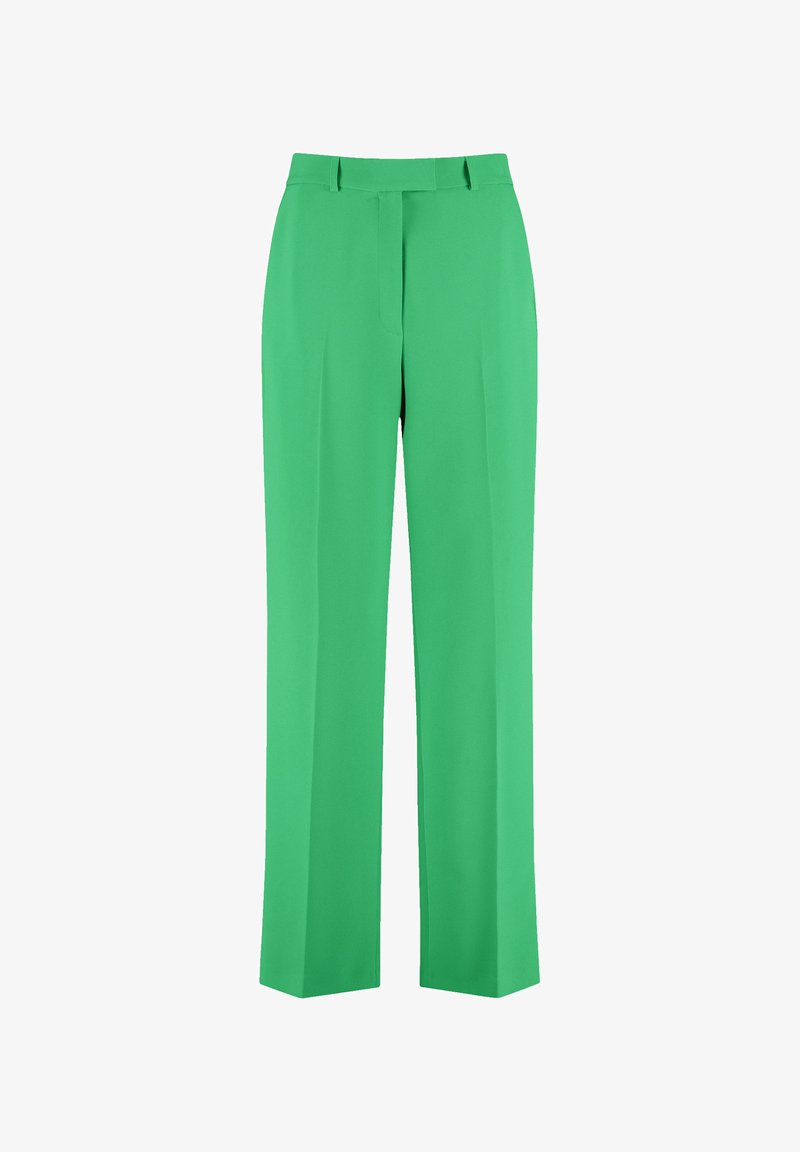 Grüne gerade geschnittene Hosen aus leichtem Stoff, mit Fronttaschen und flachem Design mit Gürtelschlaufen.