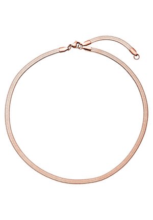 Dunne roségouden slangenketting met karabijnsluiting en verstelbare verlengketting op een witte achtergrond.