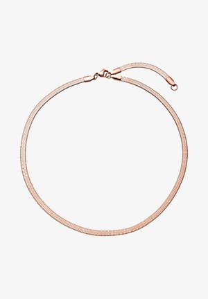 Collier fin en chaîne serpent en or rose avec fermoir mousqueton et chaîne d'extension réglable sur fond blanc.