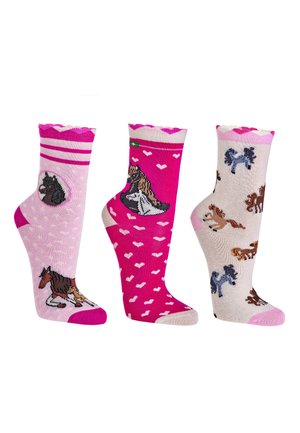 Three colorful socks with horse designs: pink with a horse and foal, bright pink with a horse and hearts, and light beige with multiple horses.