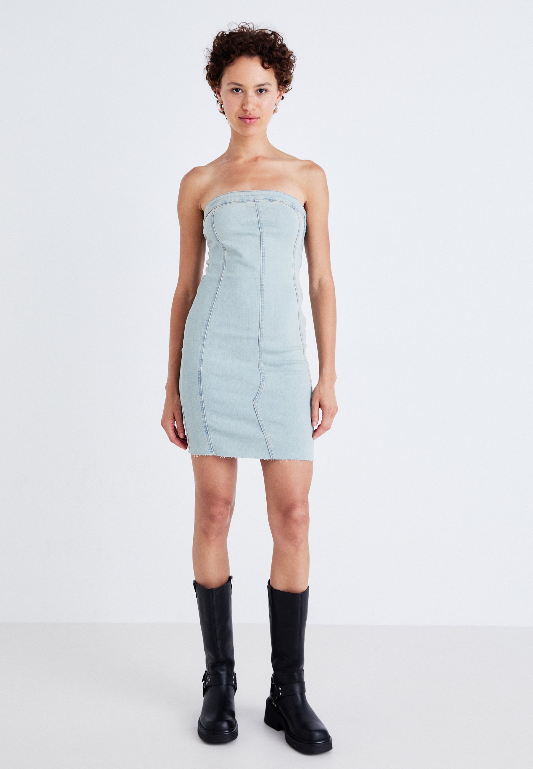 knee length dresses for ladies Light Wash Strapless Denim Ruffled Tube Mini Dress – Cindy Jane Boutique main image 1
