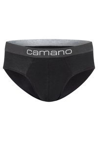 Schwarze Baumwollslips mit einem grauen elastischen Bund, auf dem "Camano" in weißer Schrift steht. Glatte Textur und klassisches Slip-Design.