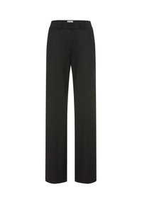 Pantalons larges noirs avec une taille élastique, fabriqués dans un tissu lisse et léger, présentant une coupe droite et sans poches visibles.