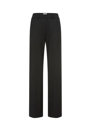 Zwarte wijde broek met een elastische tailleband, gemaakt van een gladde, lichte stof, met een rechte snit en zonder zichtbare zakken.