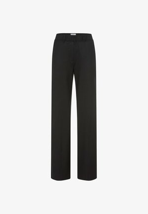 Pantaloni neri a gamba larga con cintura elastica, realizzati in un tessuto leggero e liscio, con un taglio dritto e senza tasche visibili.