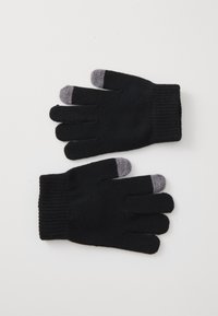 Mănuși tricotate negre cu manșete cu nervuri, având accente gri pe vârful degetelor de la arătătoare pentru utilizarea touchscreen.