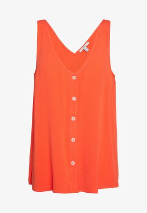 Oranges ärmelloses Oberteil mit tiefem V-Ausschnitt, Frontknopfverschluss und legerer Passform. Hergestellt aus weichem, leichtem Stoff.