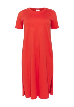 Rotes Kurzarmkleid aus weichem Stoff, mit rundem Ausschnitt und seitlichen Schlitzen für mehr Bewegungsfreiheit. Schlichte, lockere Silhouette.