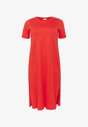 Rotes Kurzarmkleid aus weichem Stoff, mit rundem Ausschnitt und seitlichen Schlitzen für mehr Bewegungsfreiheit. Schlichte, lockere Silhouette.