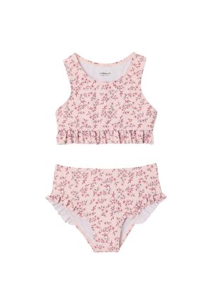 Pink floral two-piece swimsuit for girls with ruffled edges on top and bottoms, featuring small flower patterns in red and white.