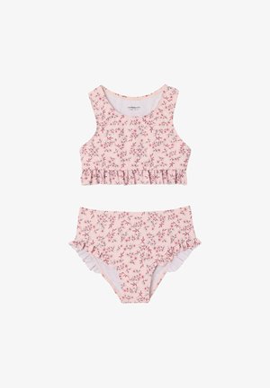 Pink floral two-piece swimsuit for girls with ruffled edges on top and bottoms, featuring small flower patterns in red and white.