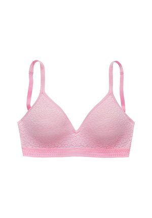 Lichtroze kant bralette met driehoekige cups, verstelbare bandjes en een gladde onderband met een subtiel textuurpatroon.