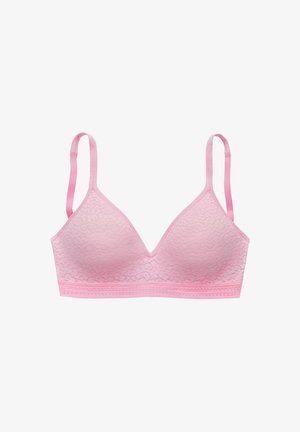 Lichtroze kant bralette met driehoekige cups, verstelbare bandjes en een gladde onderband met een subtiel textuurpatroon.