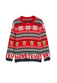 Röd tröja med ett stickat mönster som har vita snöflingor, renhuvuden och texten "MERRY XMAS" i stora bokstäver. Ribbad halsringning och mudd.