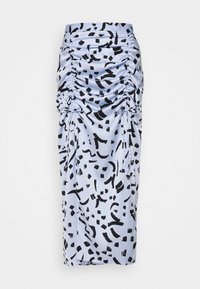 Ljusblå satinskjol med svarta abstrakta mönster, med insydda sidor, en figursydd design och knälång fåll.