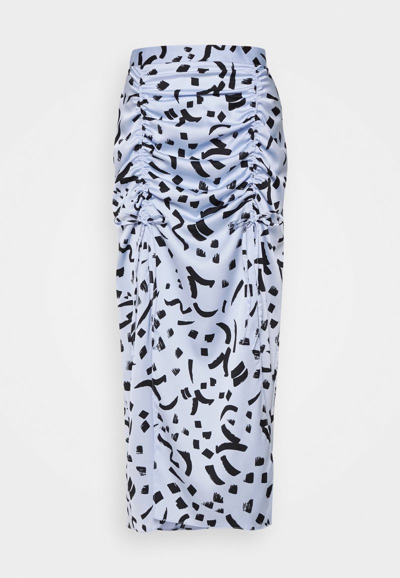 Ljusblå satinskjol med svarta abstrakta mönster, med insydda sidor, en figursydd design och knälång fåll.