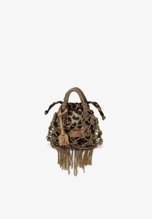Piccola borsa a tracolla con motivo leopardato, realizzata in tessuto con rete intrecciata dorata e frange decorative alla base.