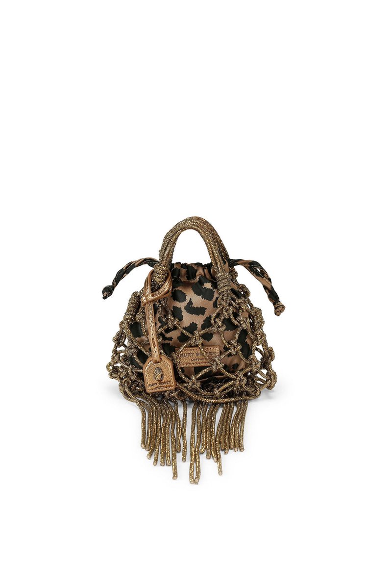 Piccola borsa a tracolla con motivo leopardato, realizzata in tessuto con rete intrecciata dorata e frange decorative alla base.