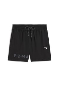 Șorturi atletice negre dintr-un material moale, cu un brâu elastic și şnur de ajustare, având un mare logo „PUMA” de culoare gri închis pe față.
